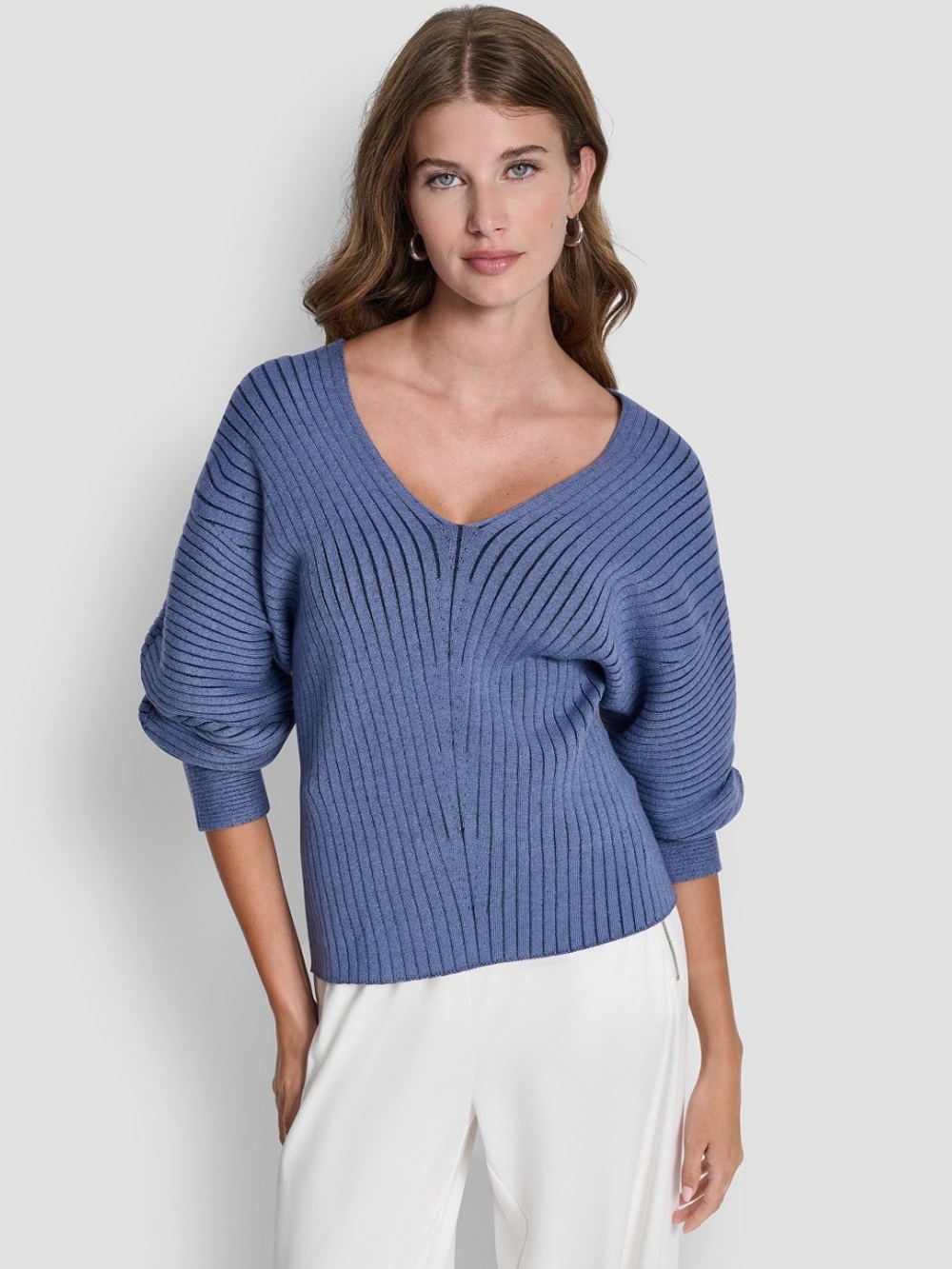 DKNY Ribbed V-Neck Sweater in Periwinkle Blue Modern Textured Polished Chic
